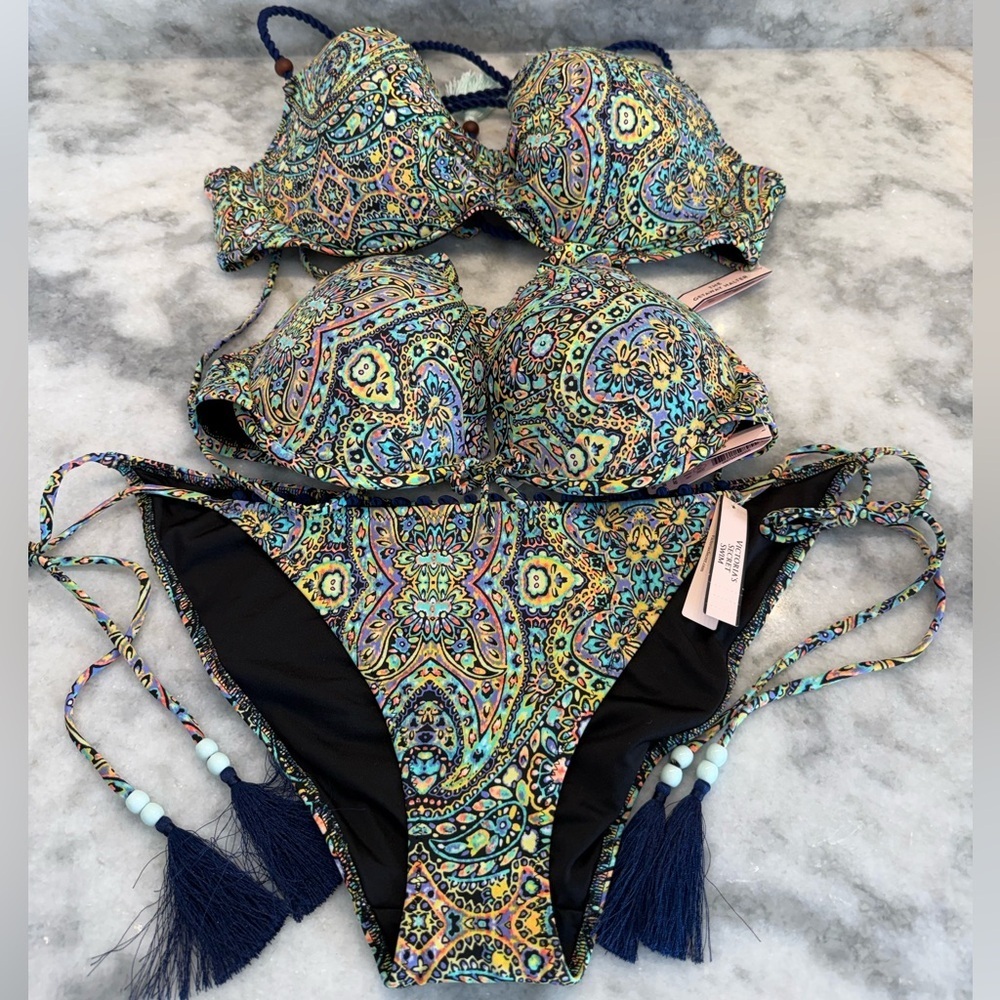 Victoria’s Secret Paisley Bikini Set 36C + L Bottom Tassel Tie Boho Luxe 2 Tops